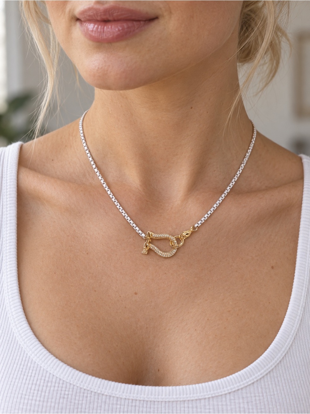 Two-Tone, White, Enamel and Gold Carabiner Horseshoe Necklace -18”
